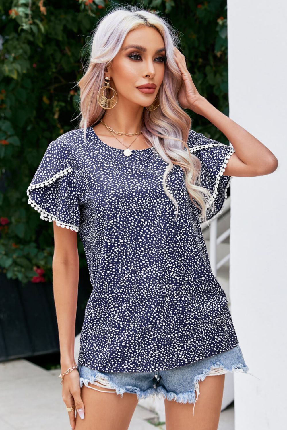 Printed Pom Pom Detail Petal Sleeve Blouse BLUE ZONE PLANET