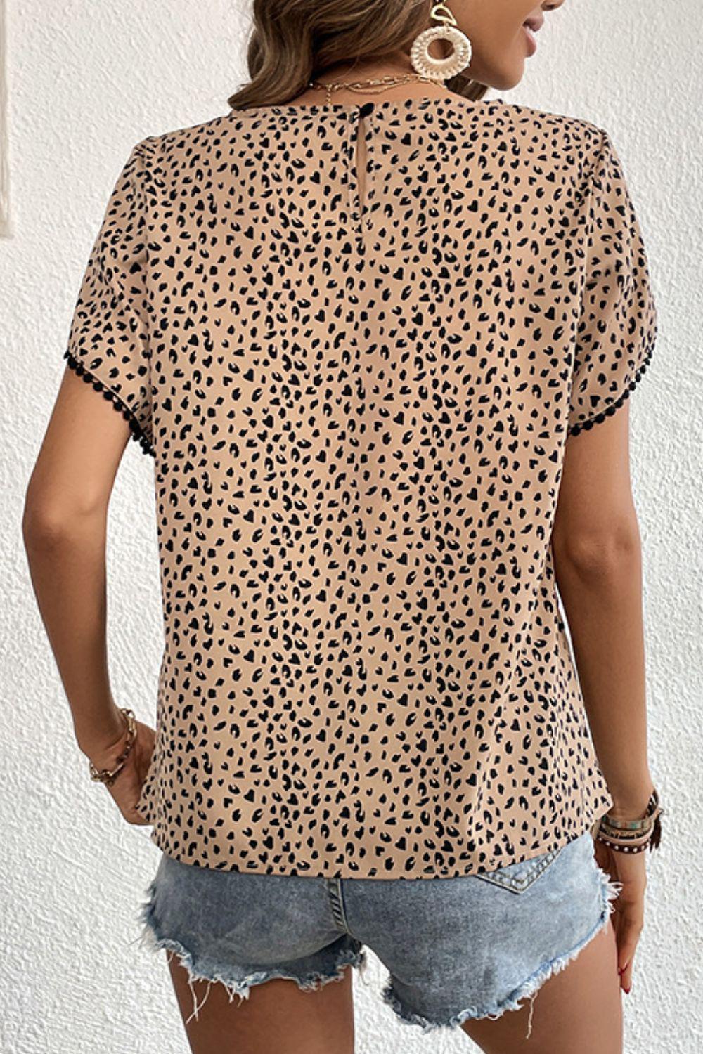 Printed Pom Pom Detail Petal Sleeve Round Neck Blouse BLUE ZONE PLANET