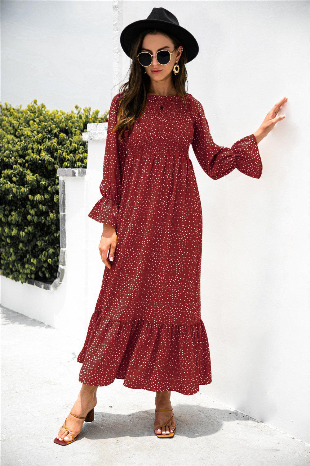 Printed Puff Sleeve Ruffle Maxi Dress BLUE ZONE PLANET