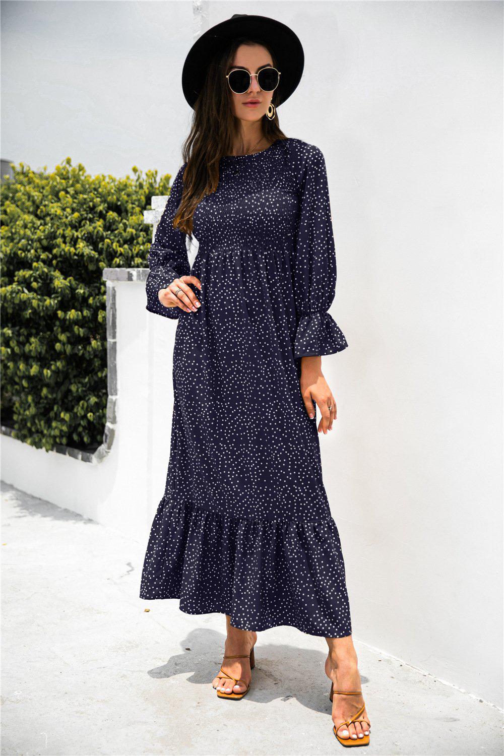Printed Puff Sleeve Ruffle Maxi Dress BLUE ZONE PLANET
