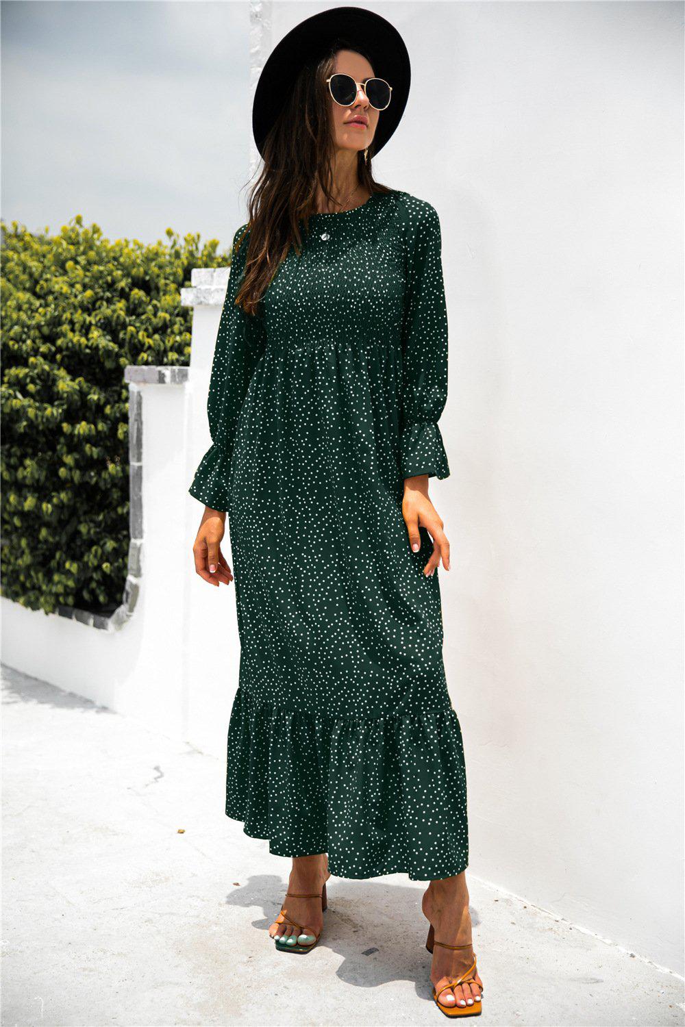 Printed Puff Sleeve Ruffle Maxi Dress BLUE ZONE PLANET