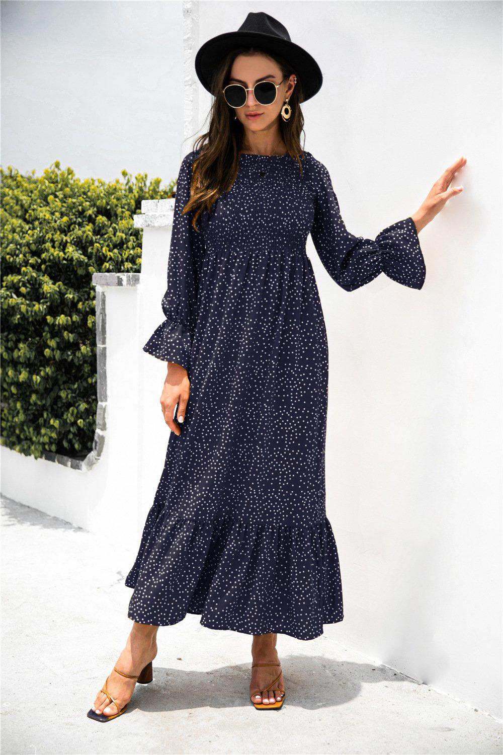 Printed Puff Sleeve Ruffle Maxi Dress BLUE ZONE PLANET