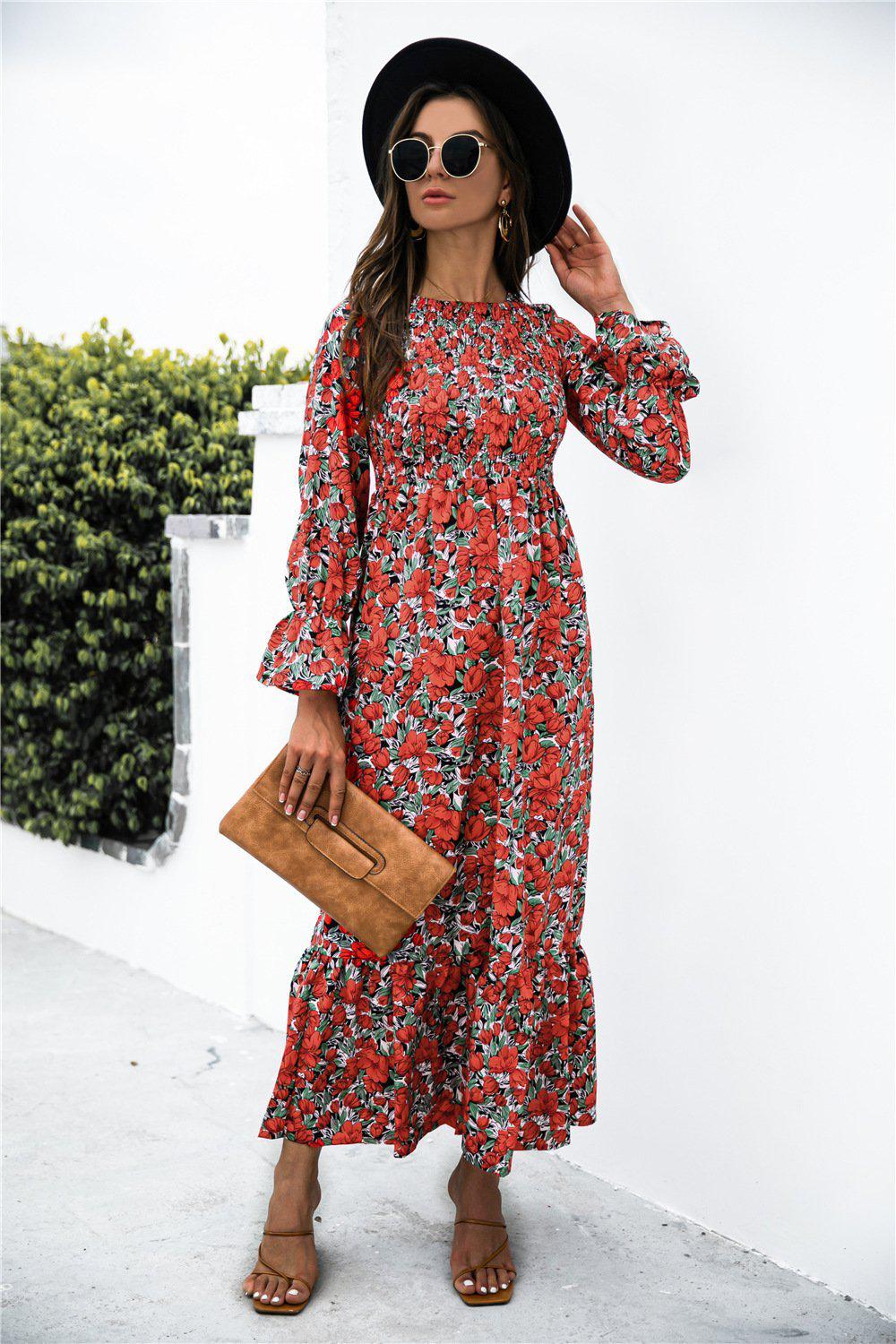 Printed Puff Sleeve Ruffle Maxi Dress BLUE ZONE PLANET