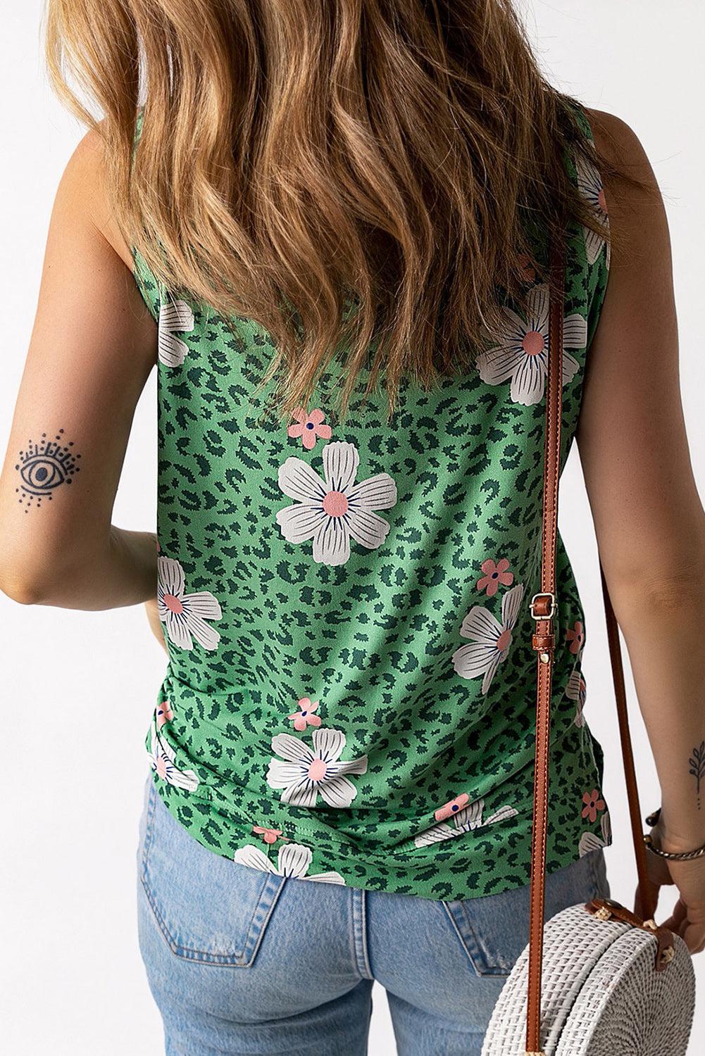 Printed Side Slit Round Neck Tank BLUE ZONE PLANET