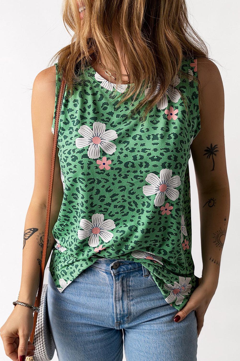 Printed Side Slit Round Neck Tank BLUE ZONE PLANET