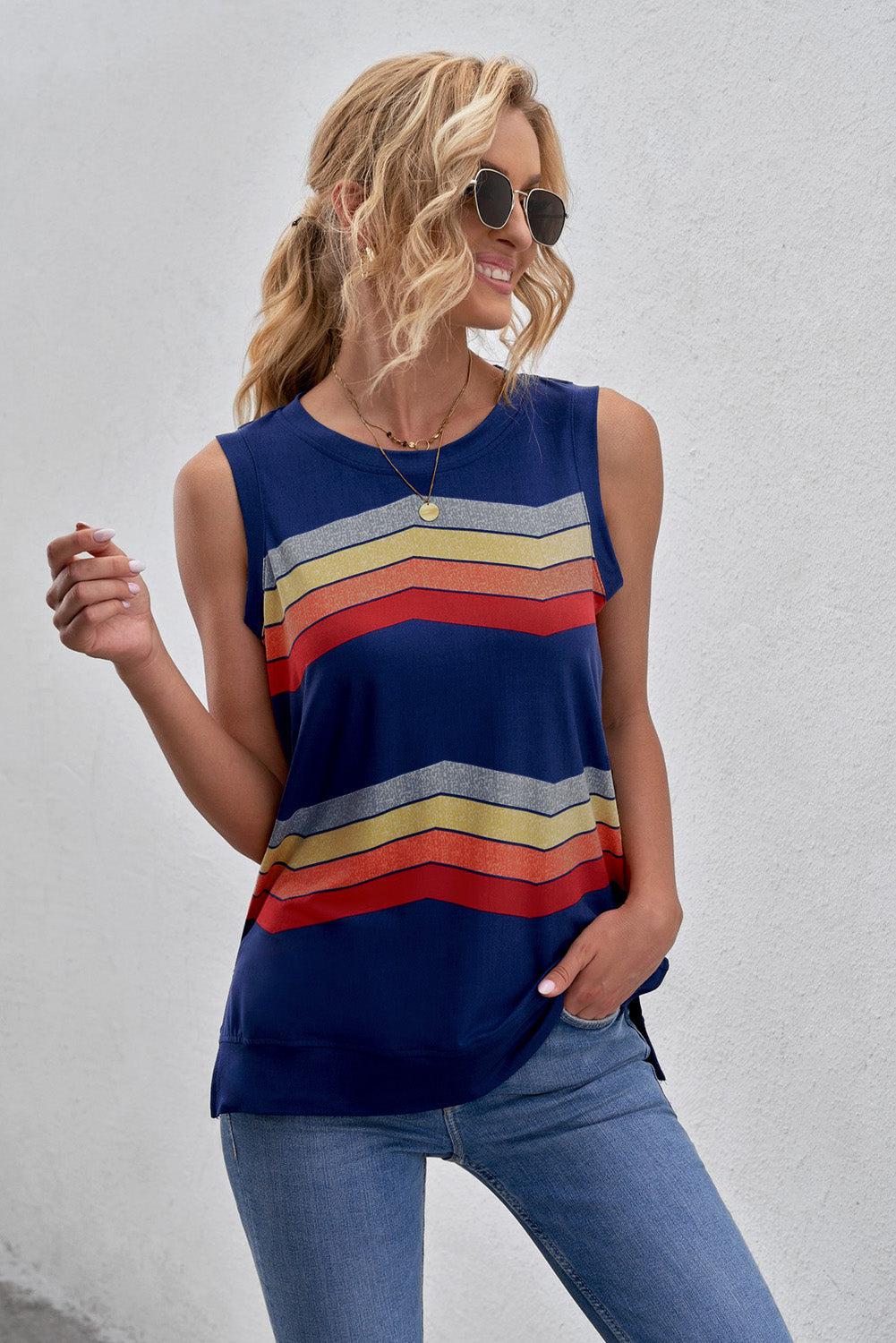 Printed Side Slit Round Neck Tank BLUE ZONE PLANET