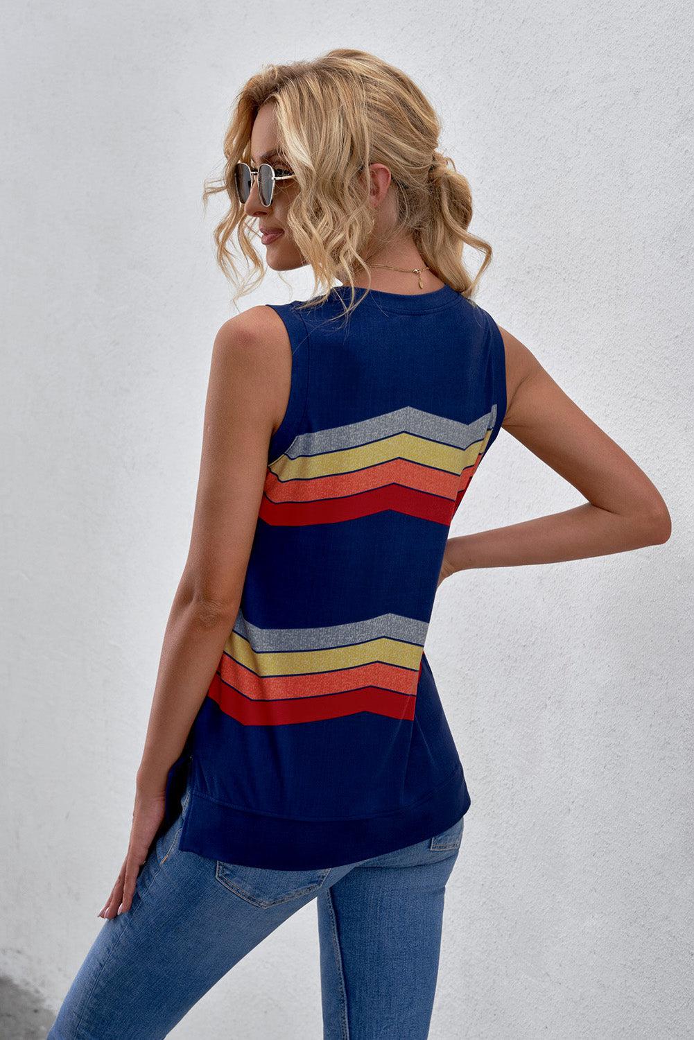 Printed Side Slit Round Neck Tank BLUE ZONE PLANET