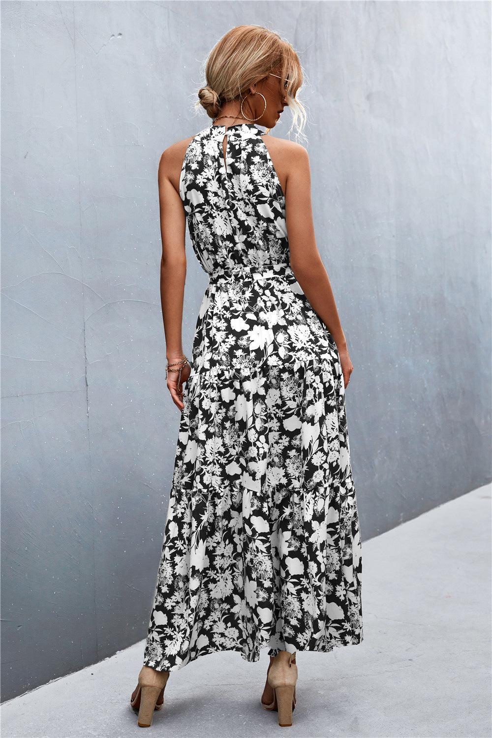 Printed Sleeveless Tie Waist Maxi Dress BLUE ZONE PLANET