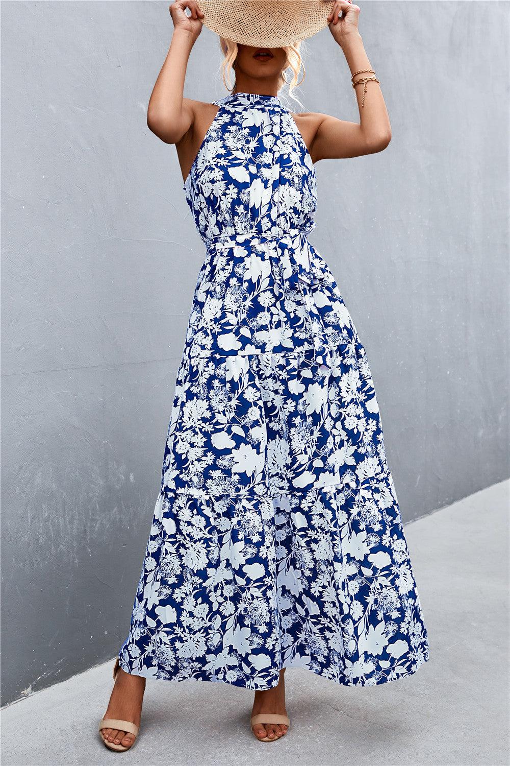 Printed Sleeveless Tie Waist Maxi Dress BLUE ZONE PLANET