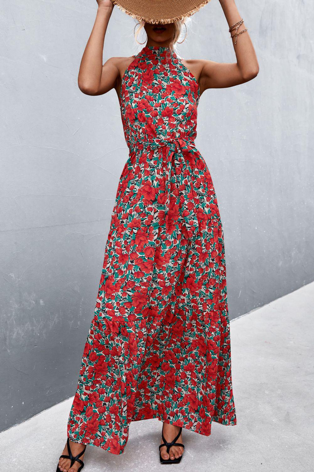 Printed Sleeveless Tie Waist Maxi Dress BLUE ZONE PLANET