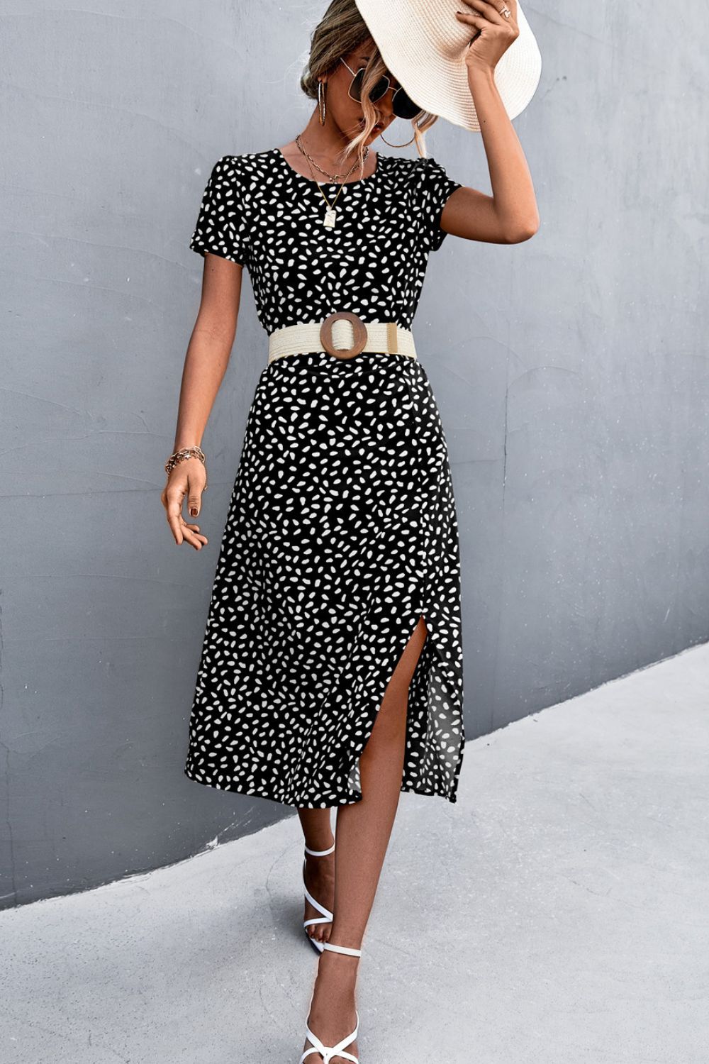 Printed Slit Cutout Midi Dress (Belt Not Included) BLUE ZONE PLANET