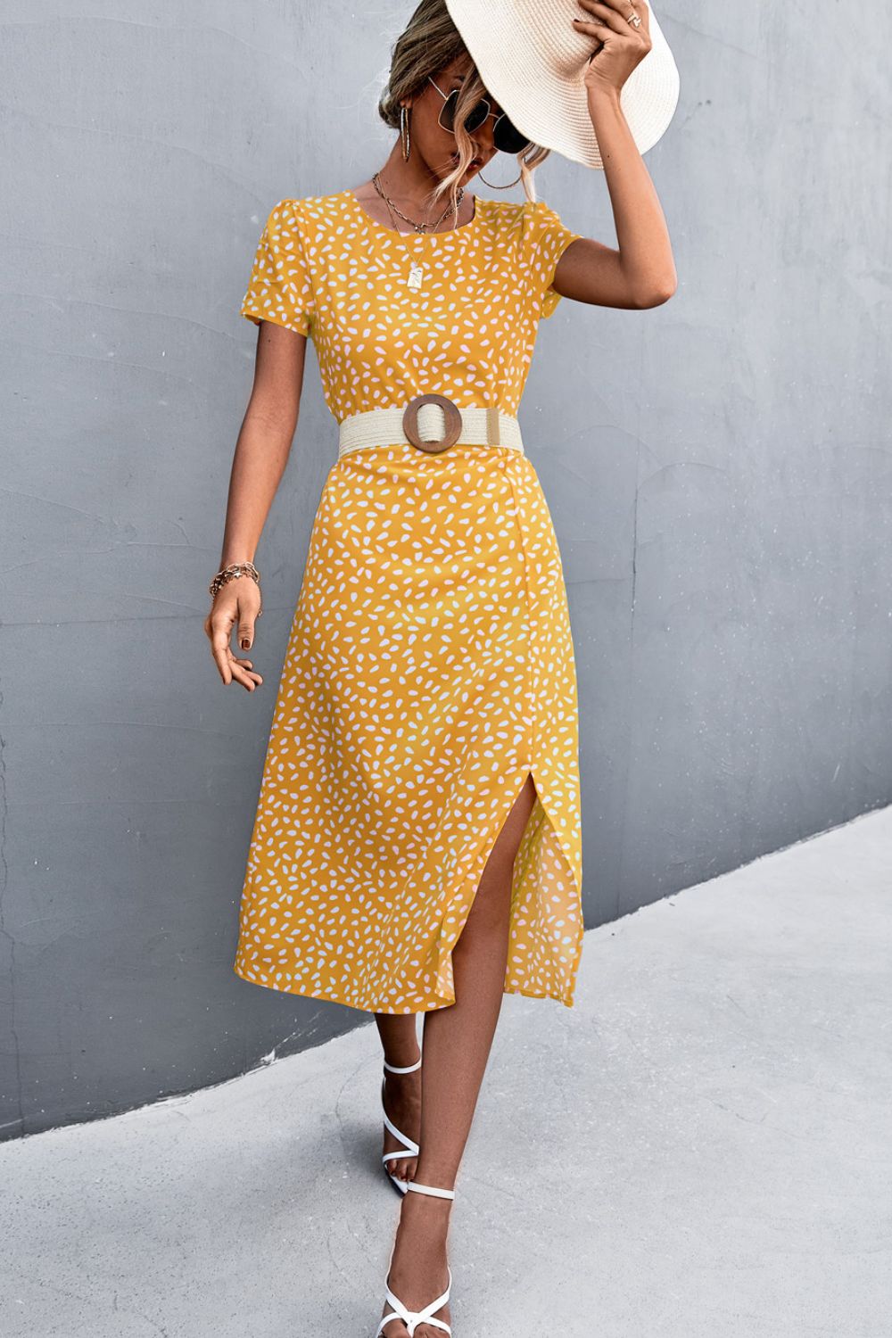 Printed Slit Cutout Midi Dress (Belt Not Included) BLUE ZONE PLANET