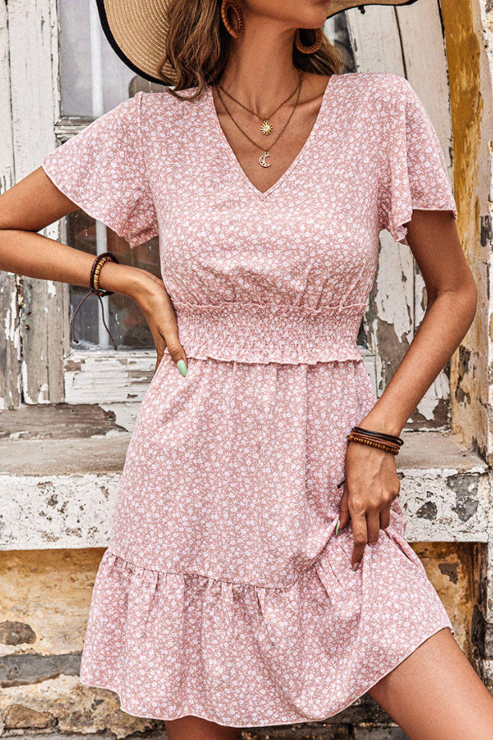 Printed Smocked V-Neck Tiered Mini Dress BLUE ZONE PLANET