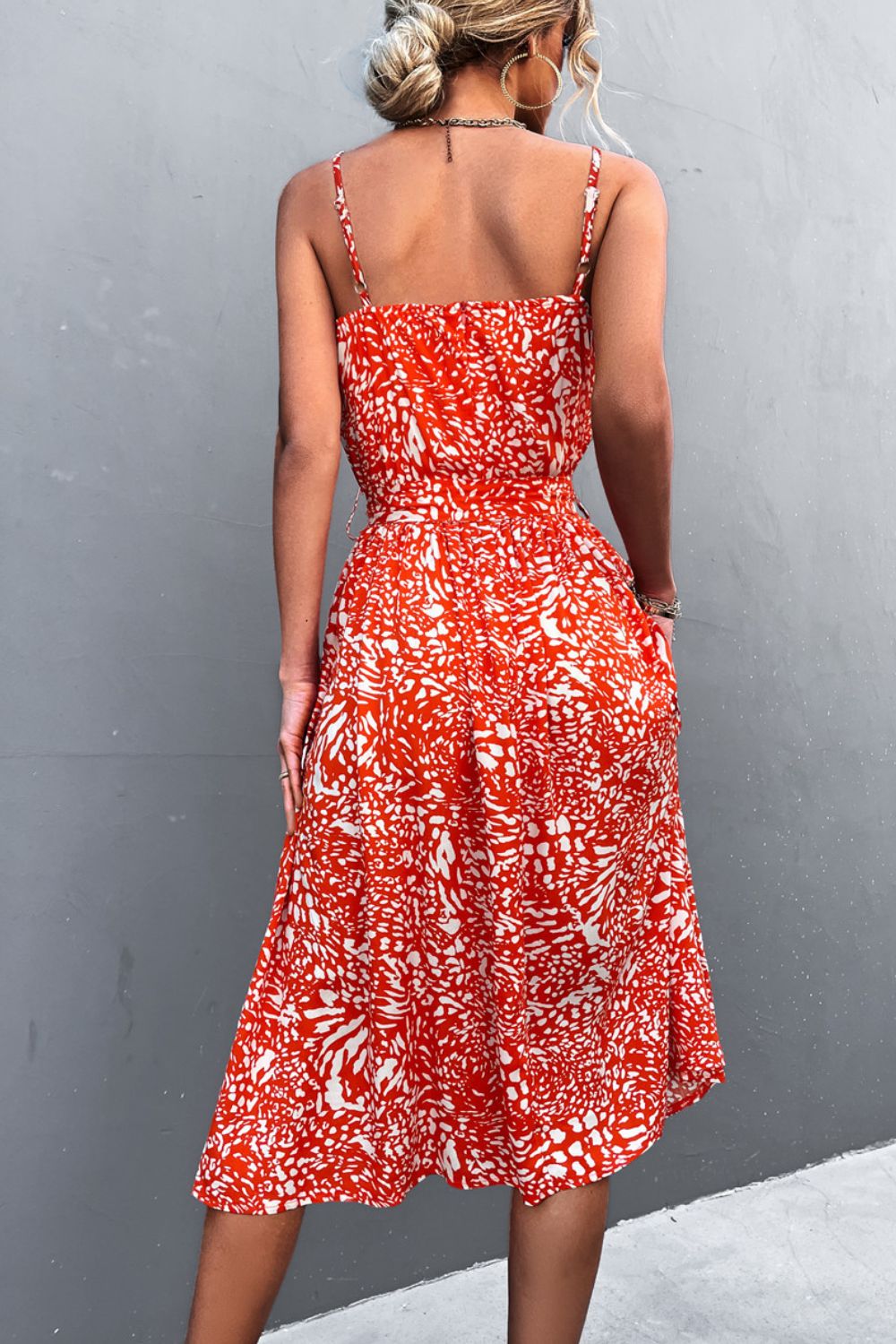 Printed Spaghetti Strap Decorative Button Belted Midi Dress BLUE ZONE PLANET