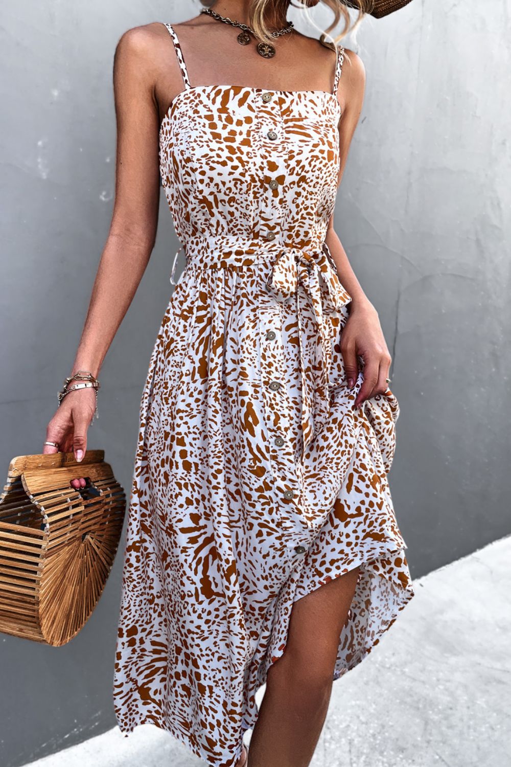 Printed Spaghetti Strap Decorative Button Belted Midi Dress BLUE ZONE PLANET