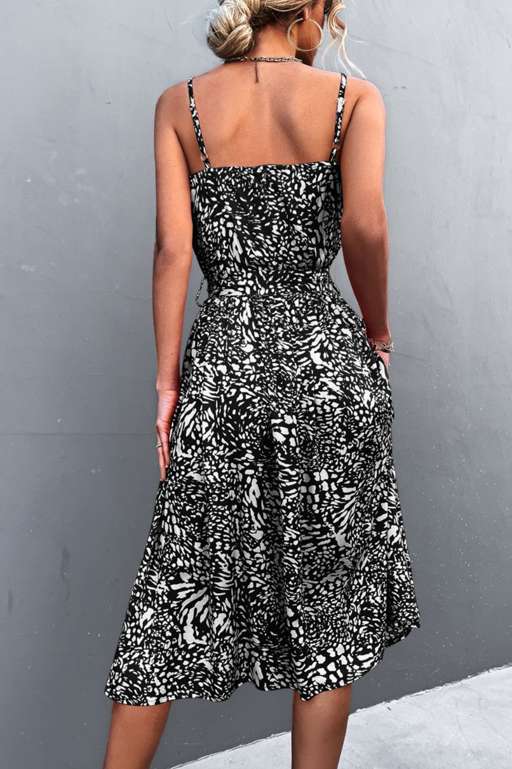 Printed Spaghetti Strap Decorative Button Belted Midi Dress BLUE ZONE PLANET