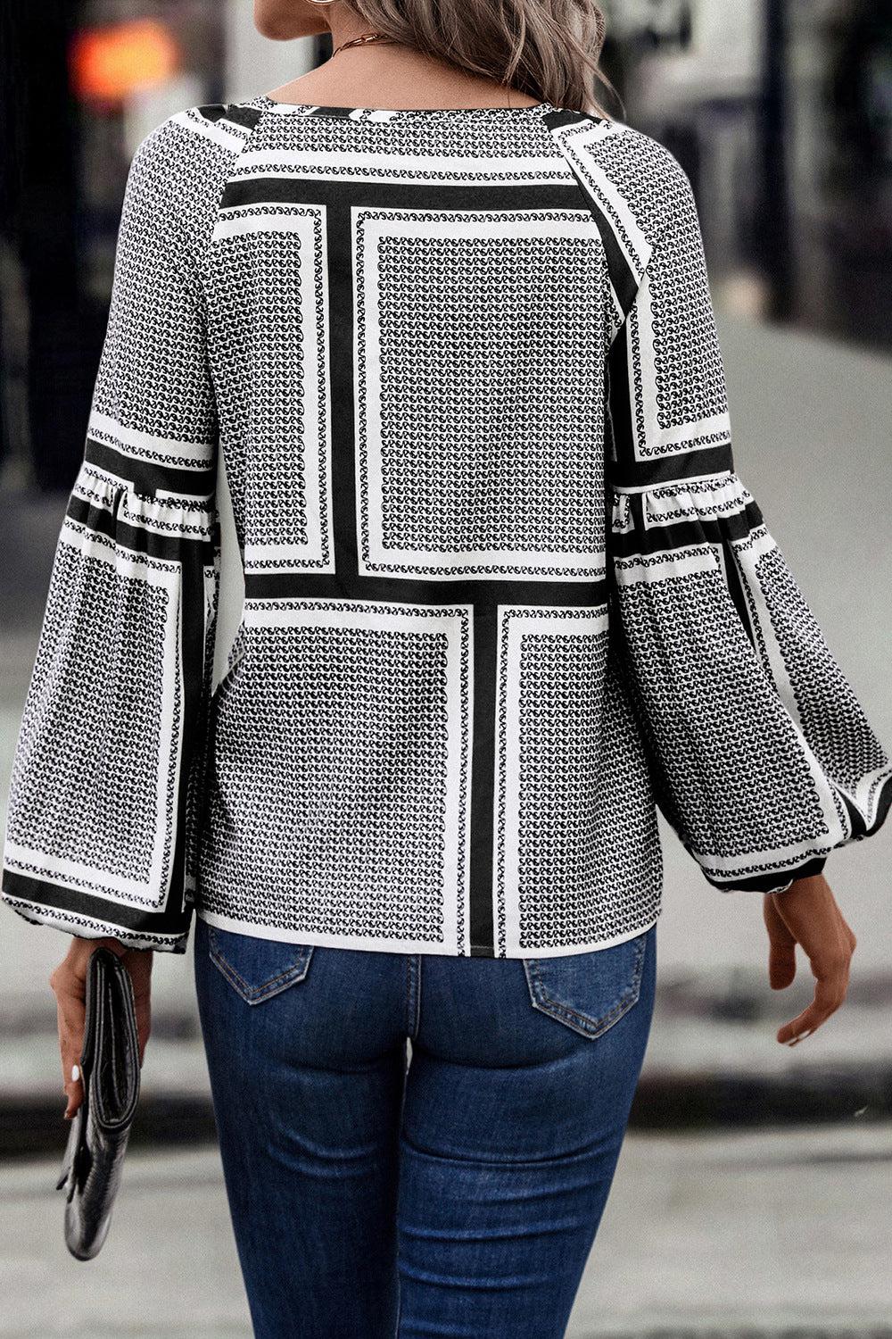 Printed Tie Neck Balloon Sleeve Blouse BLUE ZONE PLANET