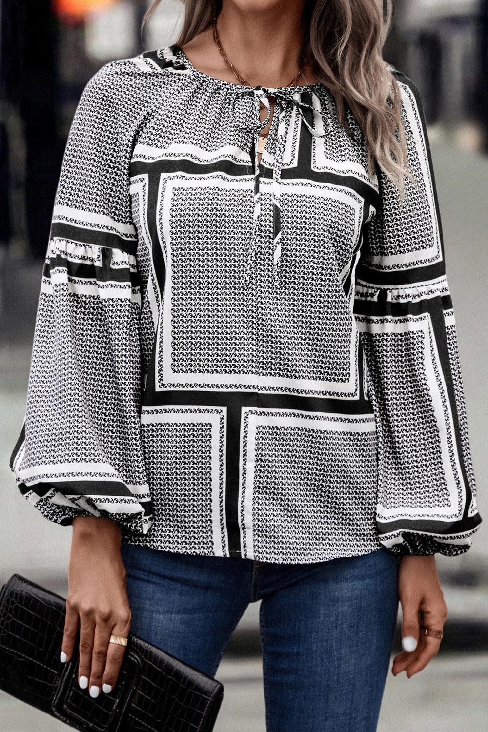 Printed Tie Neck Balloon Sleeve Blouse BLUE ZONE PLANET