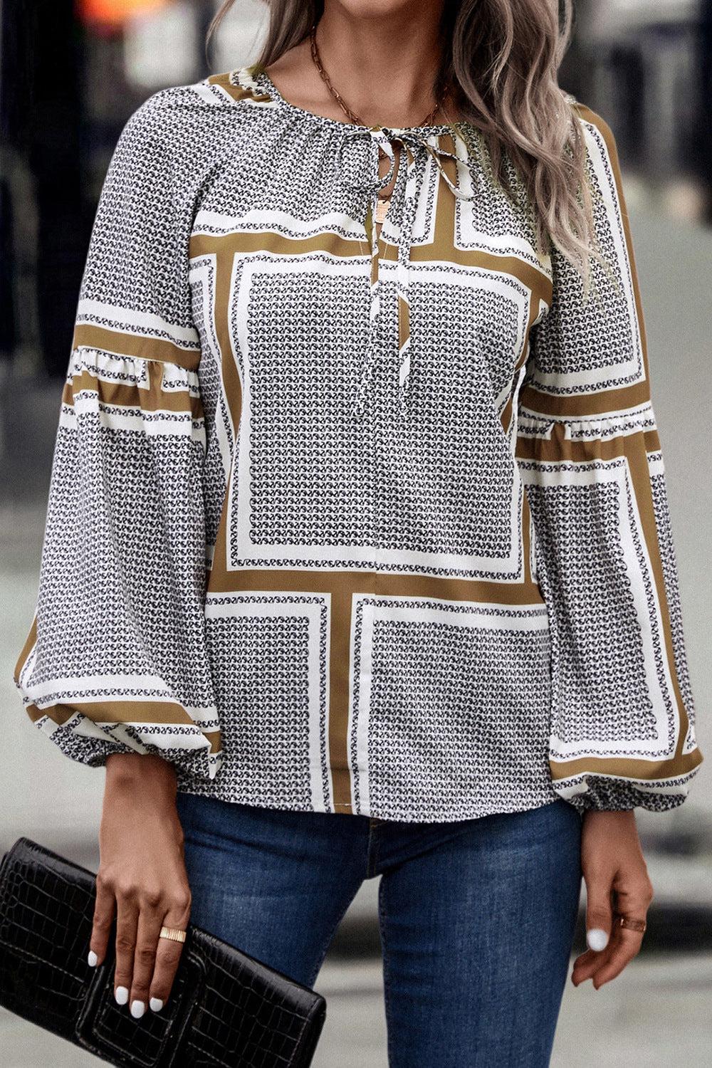 Printed Tie Neck Balloon Sleeve Blouse BLUE ZONE PLANET