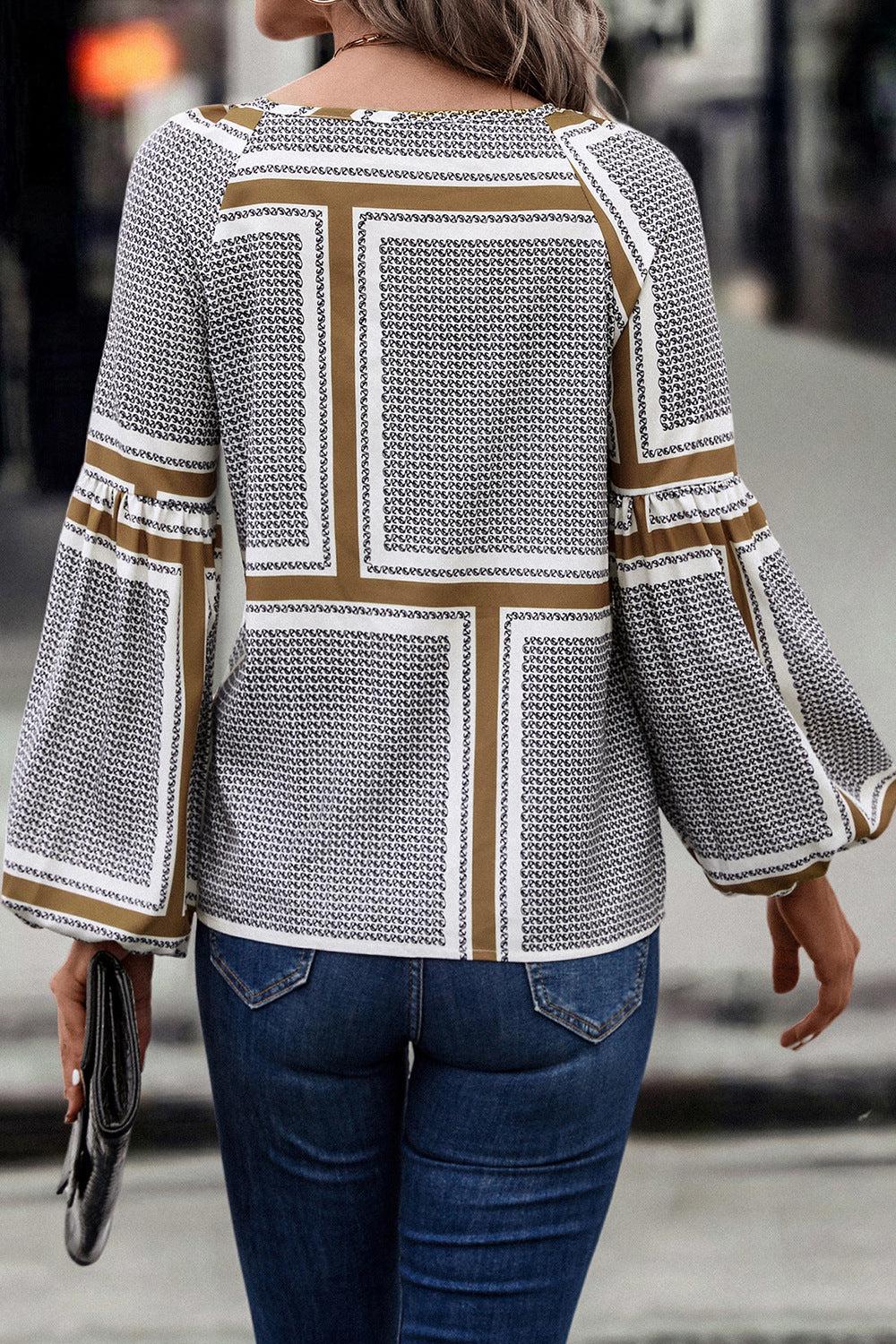 Printed Tie Neck Balloon Sleeve Blouse BLUE ZONE PLANET
