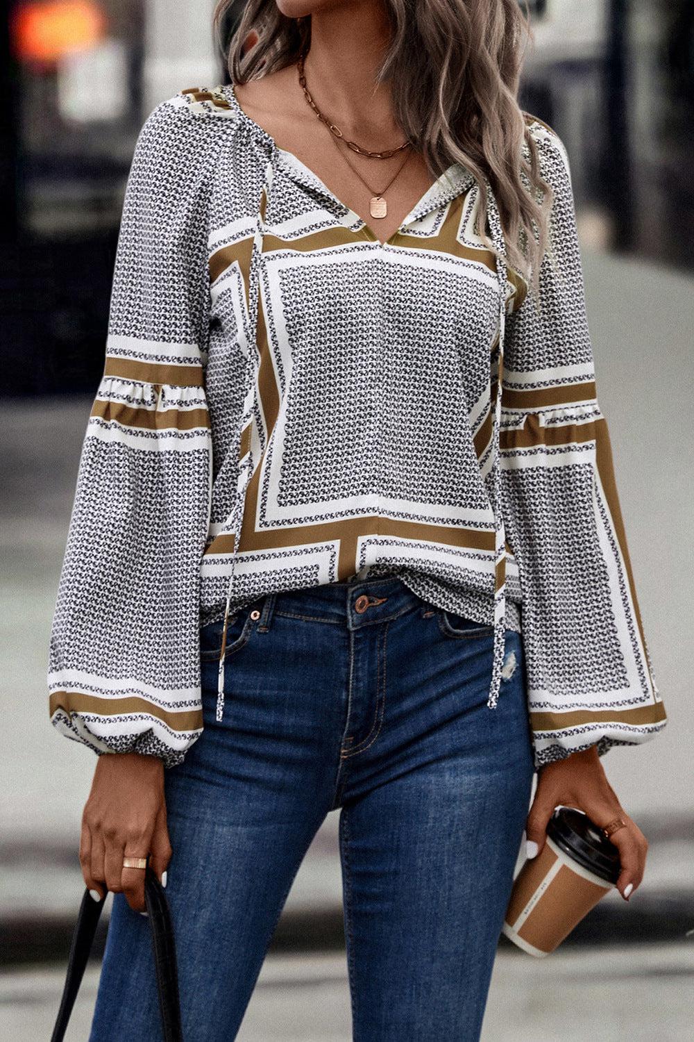 Printed Tie Neck Balloon Sleeve Blouse BLUE ZONE PLANET