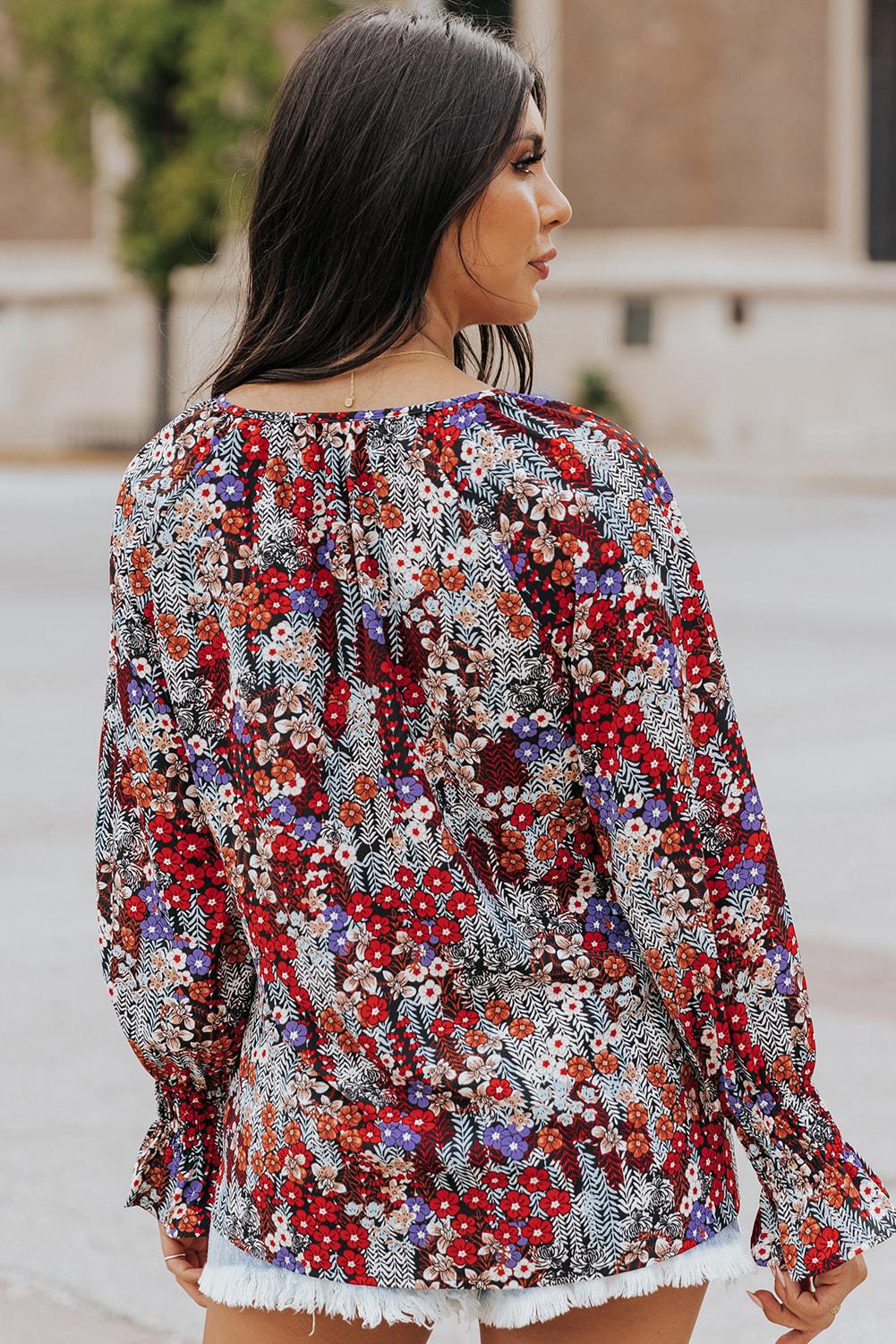 Printed Tie-Neck Long Flounce Sleeve Blouse BLUE ZONE PLANET