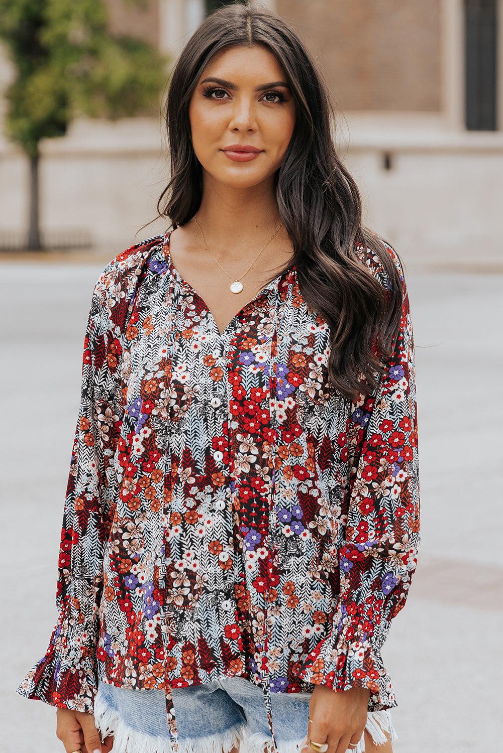 Printed Tie-Neck Long Flounce Sleeve Blouse BLUE ZONE PLANET