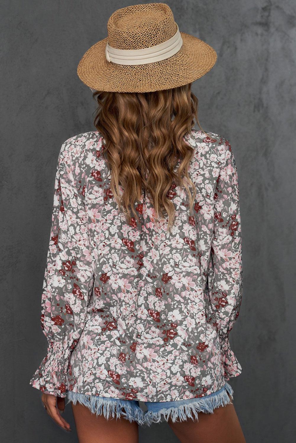 Printed Tie-Neck Long Flounce Sleeve Blouse BLUE ZONE PLANET