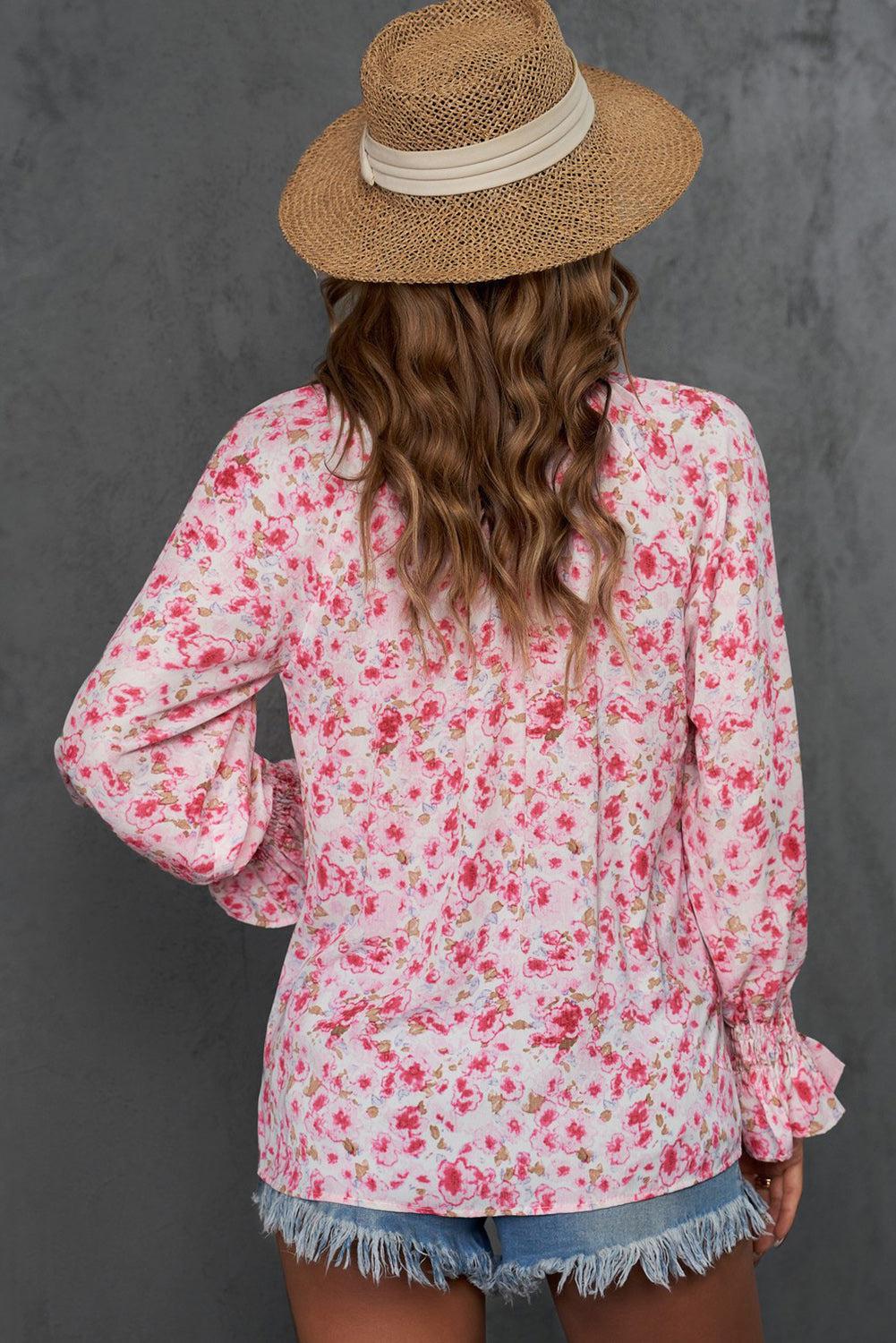 Printed Tie-Neck Long Flounce Sleeve Blouse BLUE ZONE PLANET