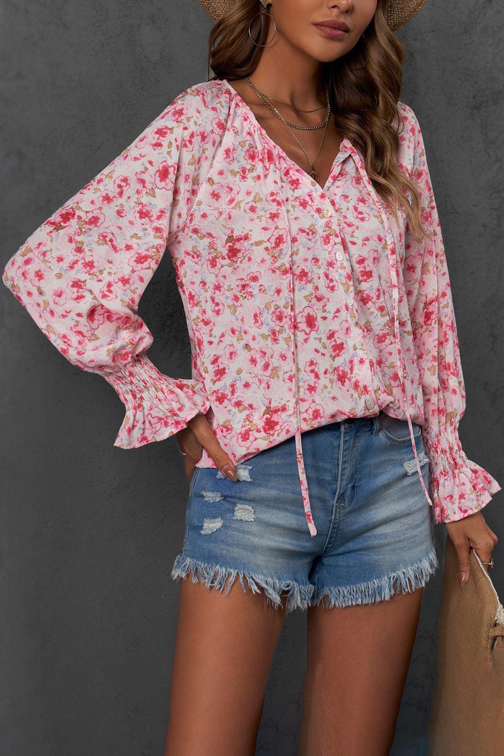 Printed Tie-Neck Long Flounce Sleeve Blouse BLUE ZONE PLANET