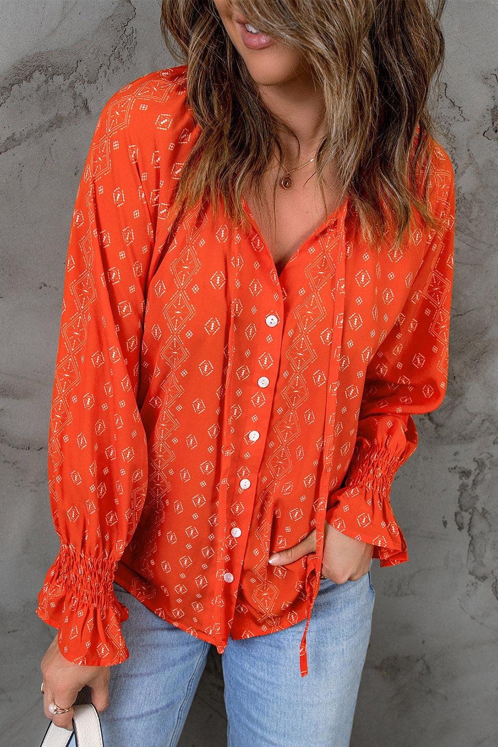 Printed Tie-Neck Long Flounce Sleeve Blouse BLUE ZONE PLANET