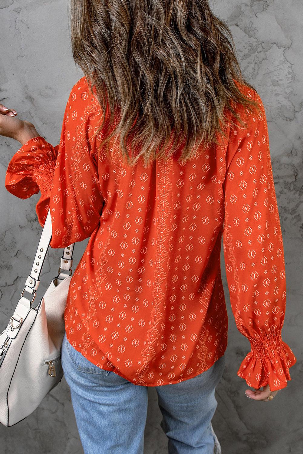 Printed Tie-Neck Long Flounce Sleeve Blouse BLUE ZONE PLANET