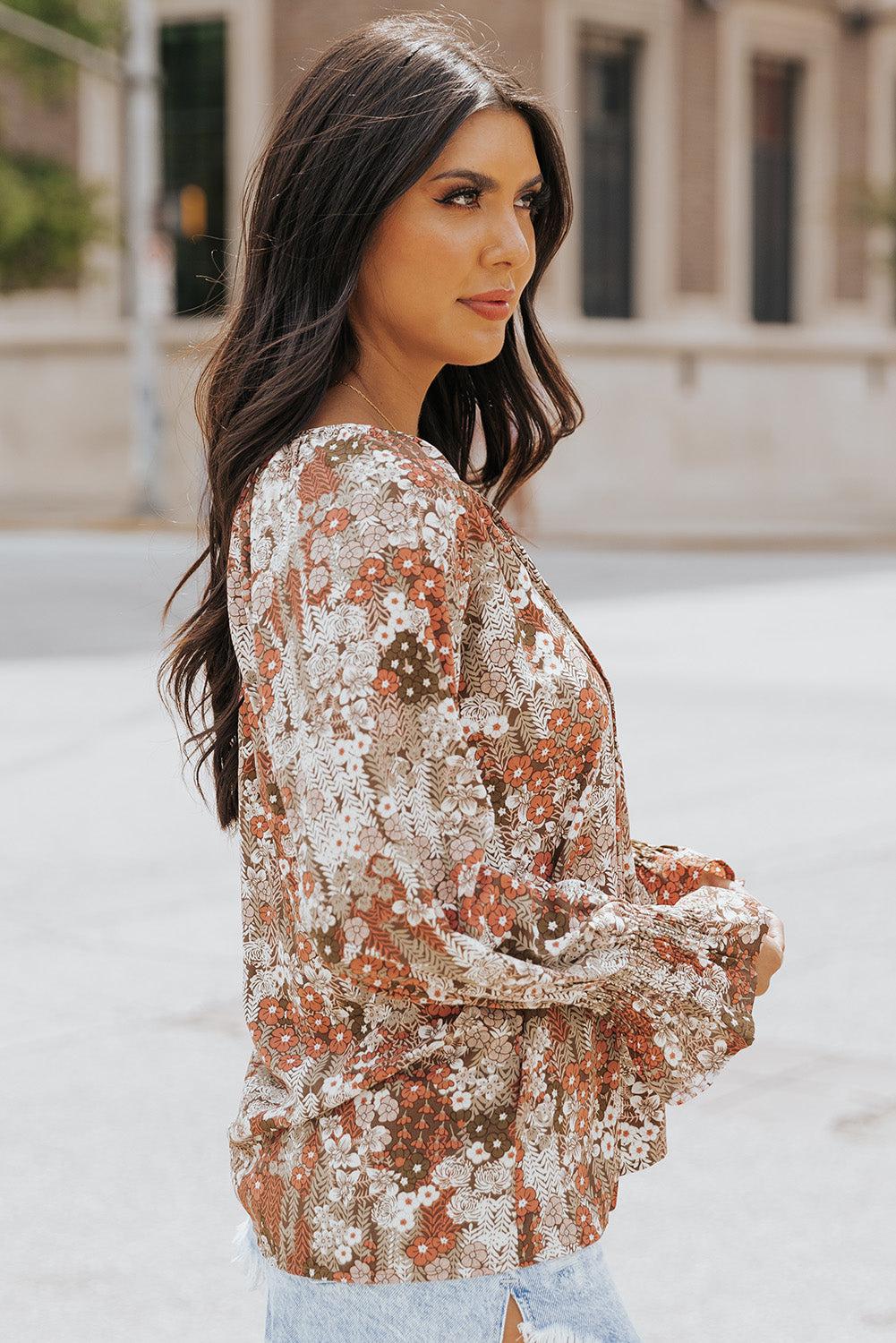 Printed Tie-Neck Long Flounce Sleeve Blouse BLUE ZONE PLANET
