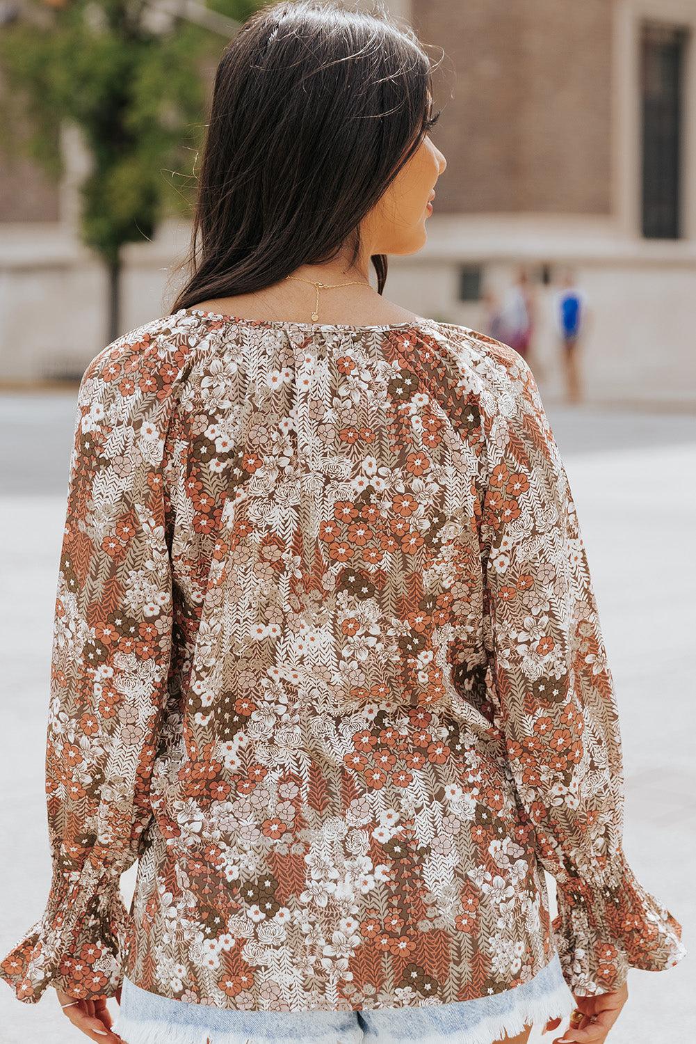 Printed Tie-Neck Long Flounce Sleeve Blouse BLUE ZONE PLANET