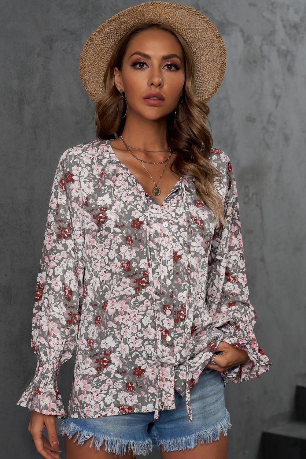 Printed Tie-Neck Long Flounce Sleeve Blouse BLUE ZONE PLANET