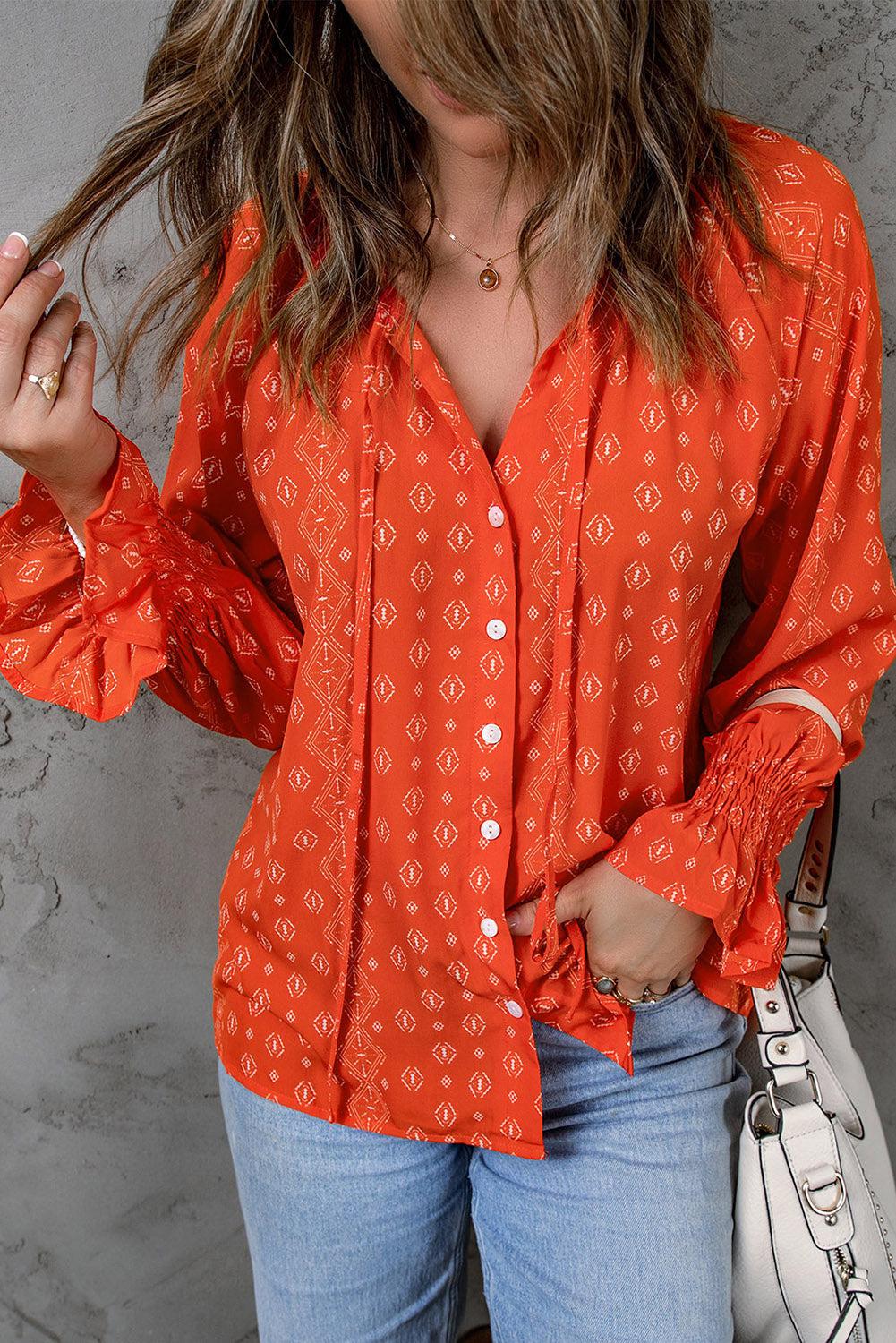 Printed Tie-Neck Long Flounce Sleeve Blouse BLUE ZONE PLANET