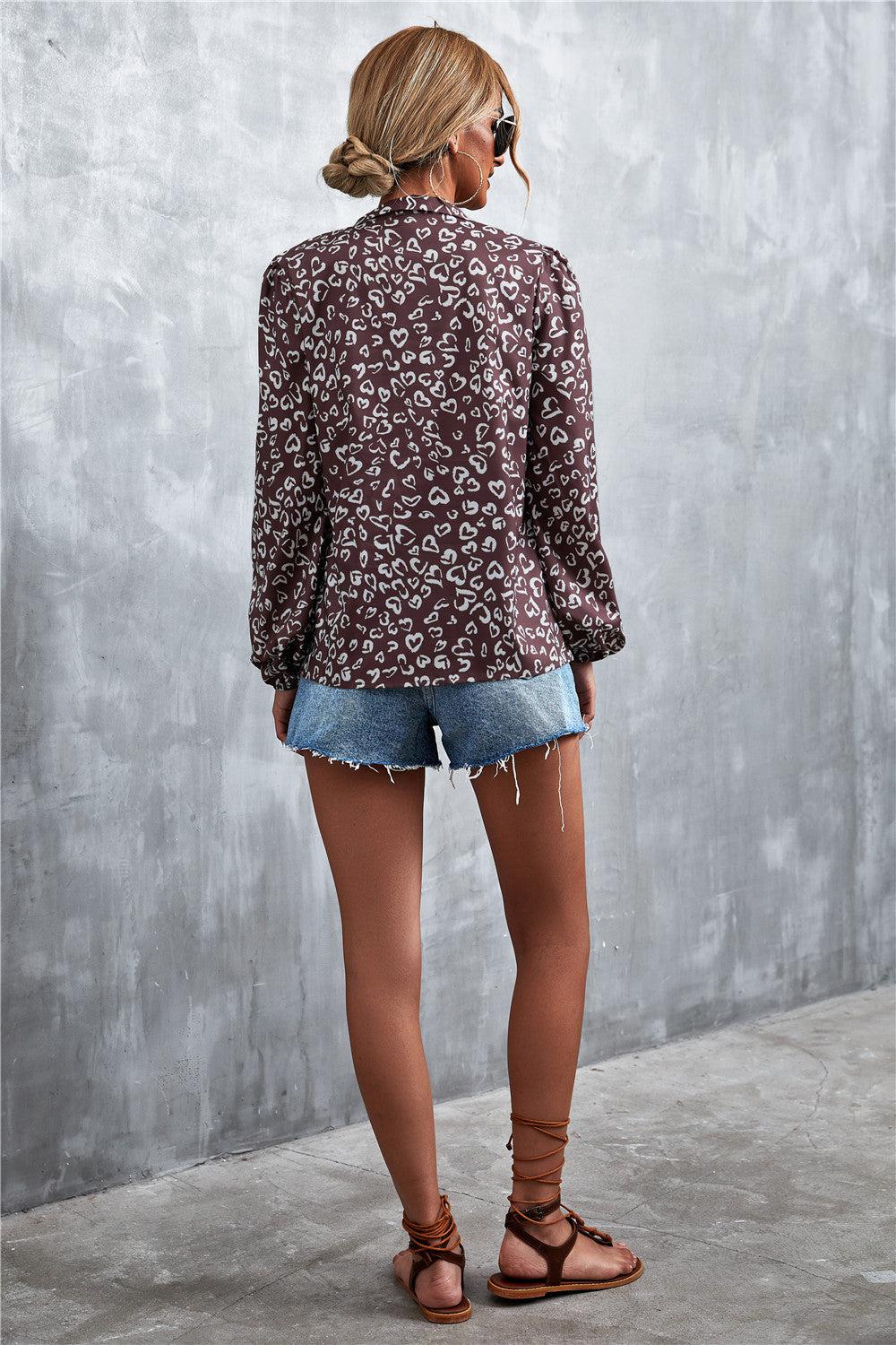 Printed Tie Neck Puff Sleeve Blouse BLUE ZONE PLANET