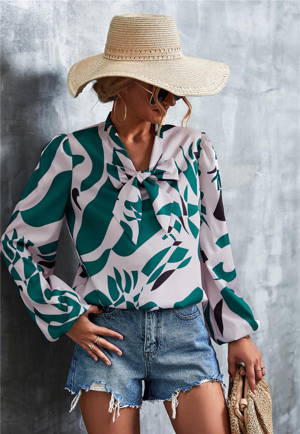 Printed Tie Neck Puff Sleeve Blouse BLUE ZONE PLANET