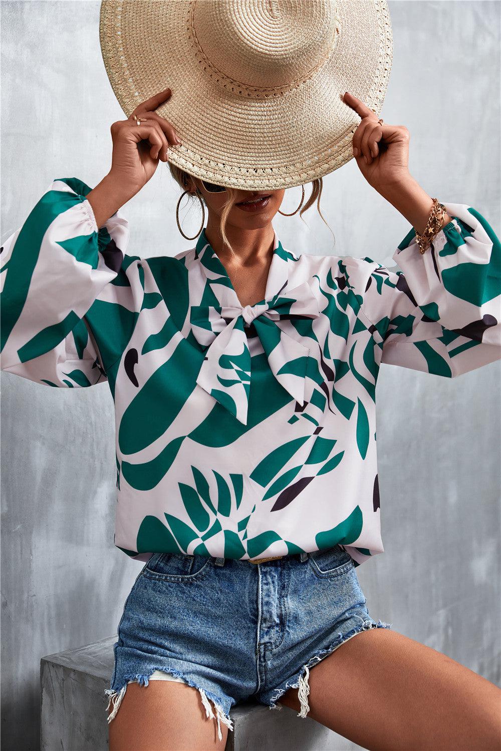 Printed Tie Neck Puff Sleeve Blouse BLUE ZONE PLANET
