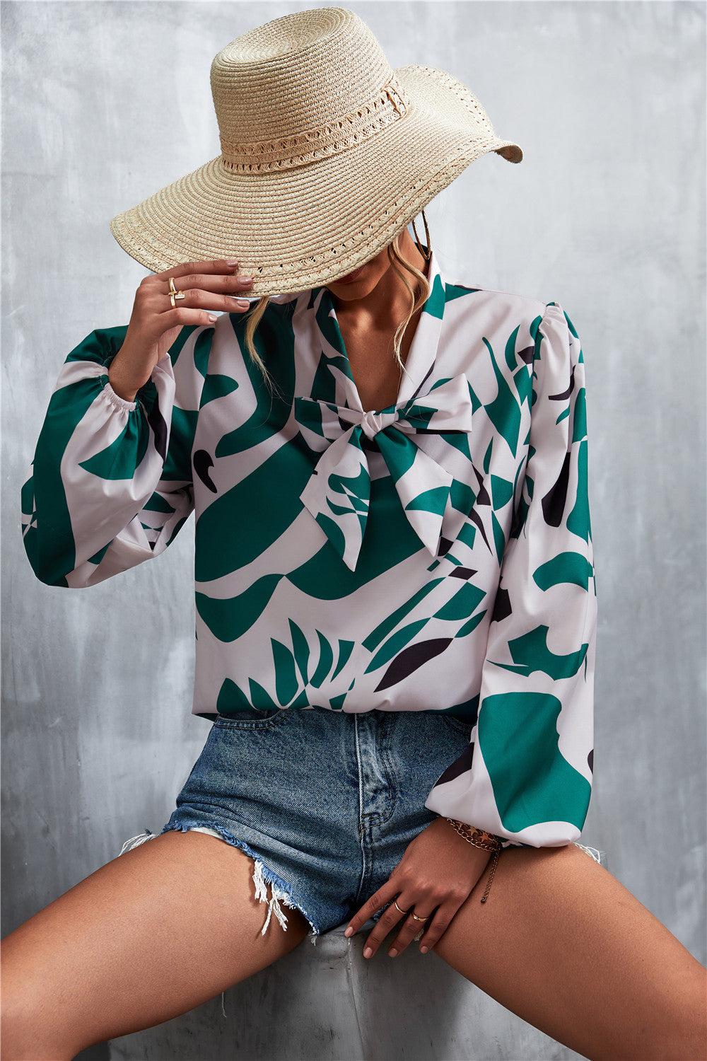 Printed Tie Neck Puff Sleeve Blouse BLUE ZONE PLANET