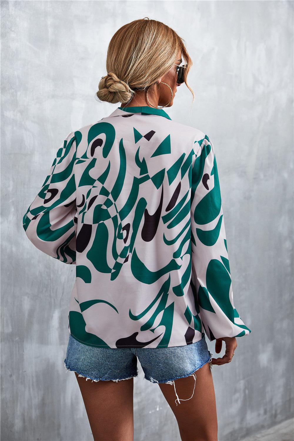 Printed Tie Neck Puff Sleeve Blouse BLUE ZONE PLANET