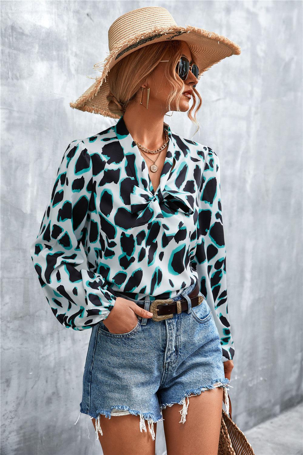 Printed Tie Neck Puff Sleeve Blouse BLUE ZONE PLANET