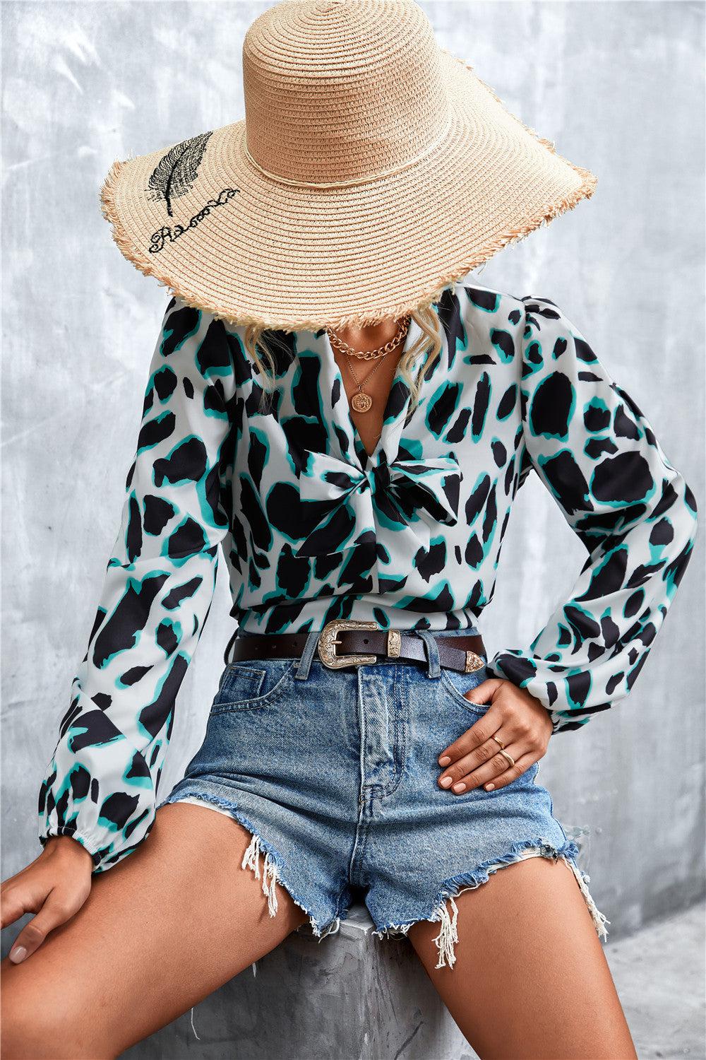 Printed Tie Neck Puff Sleeve Blouse BLUE ZONE PLANET