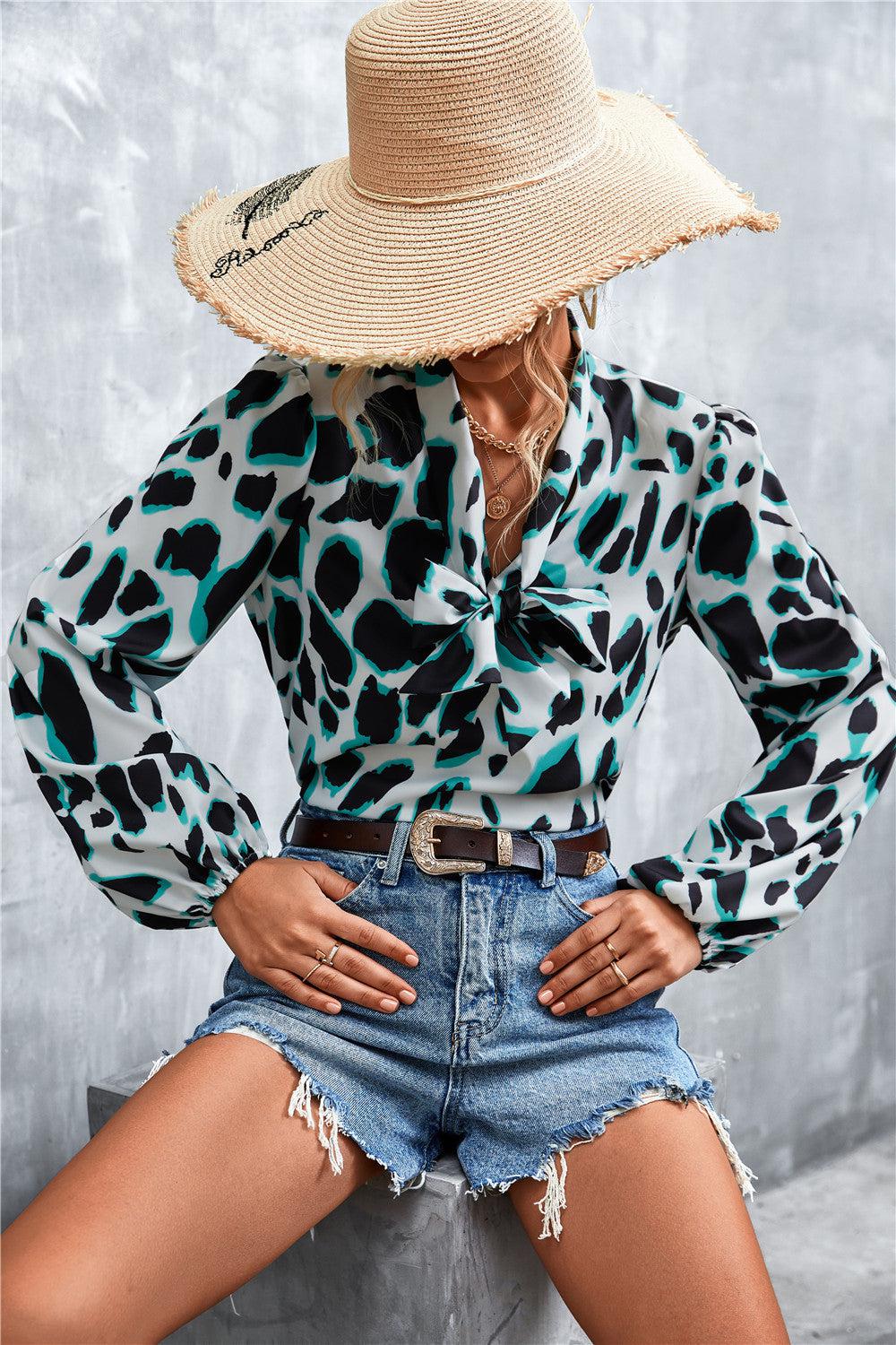 Printed Tie Neck Puff Sleeve Blouse BLUE ZONE PLANET