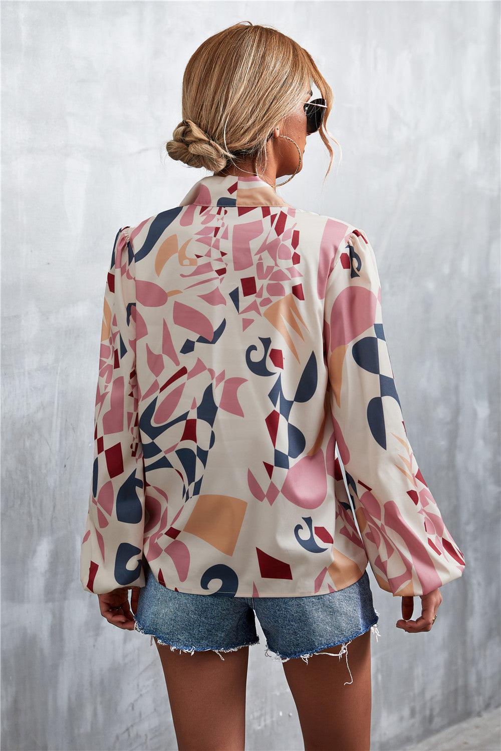 Printed Tie Neck Puff Sleeve Blouse BLUE ZONE PLANET