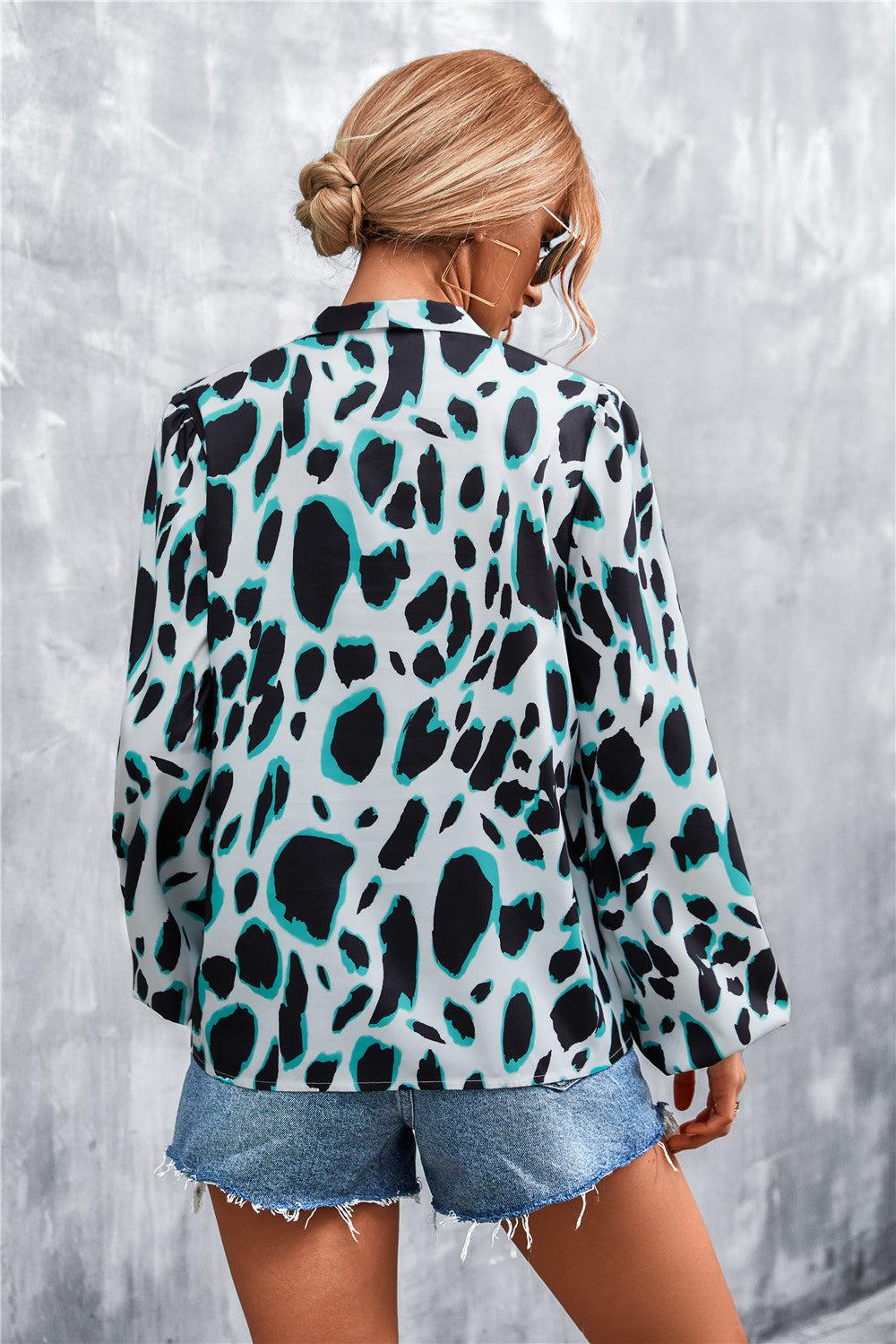 Printed Tie Neck Puff Sleeve Blouse BLUE ZONE PLANET