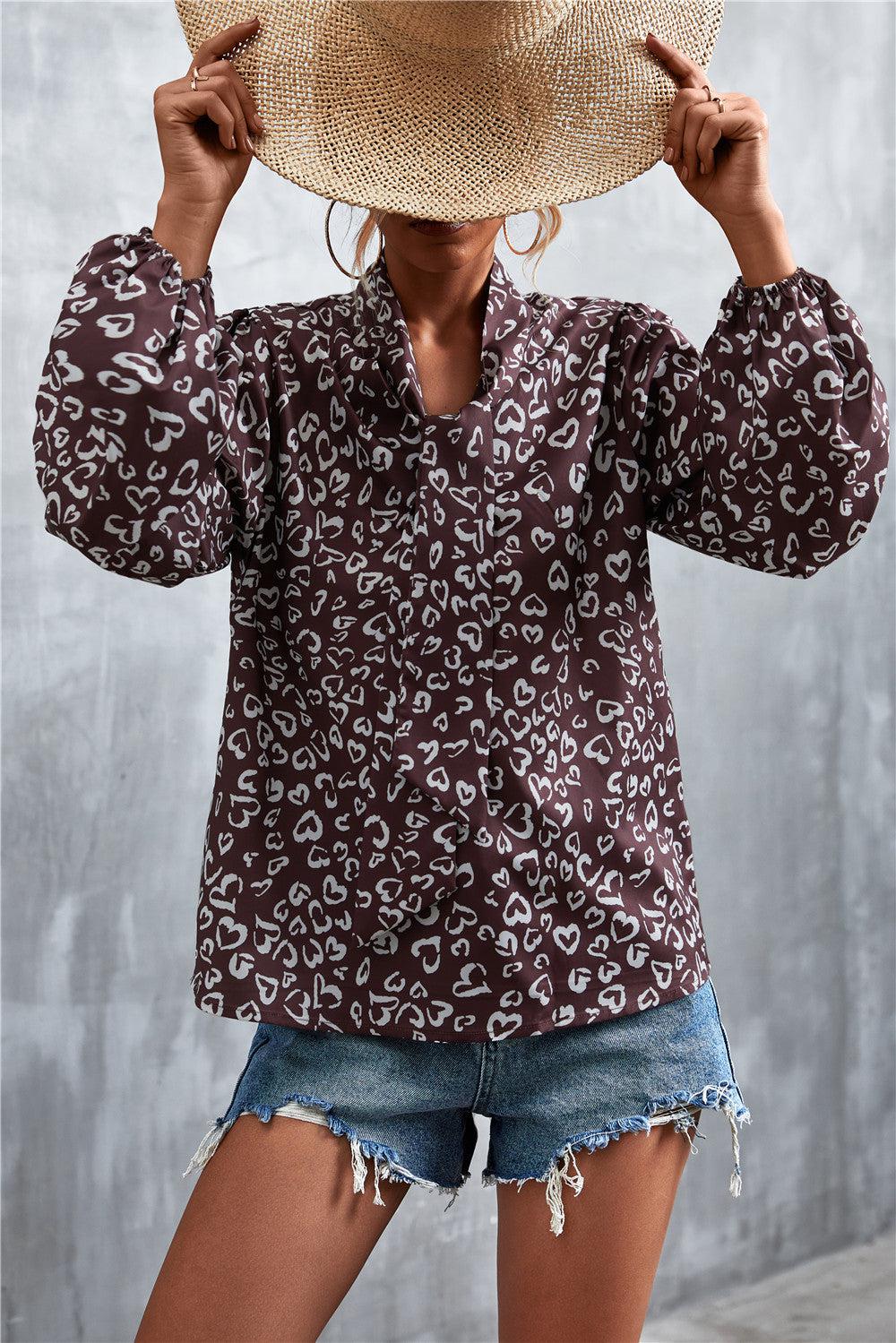 Printed Tie Neck Puff Sleeve Blouse BLUE ZONE PLANET