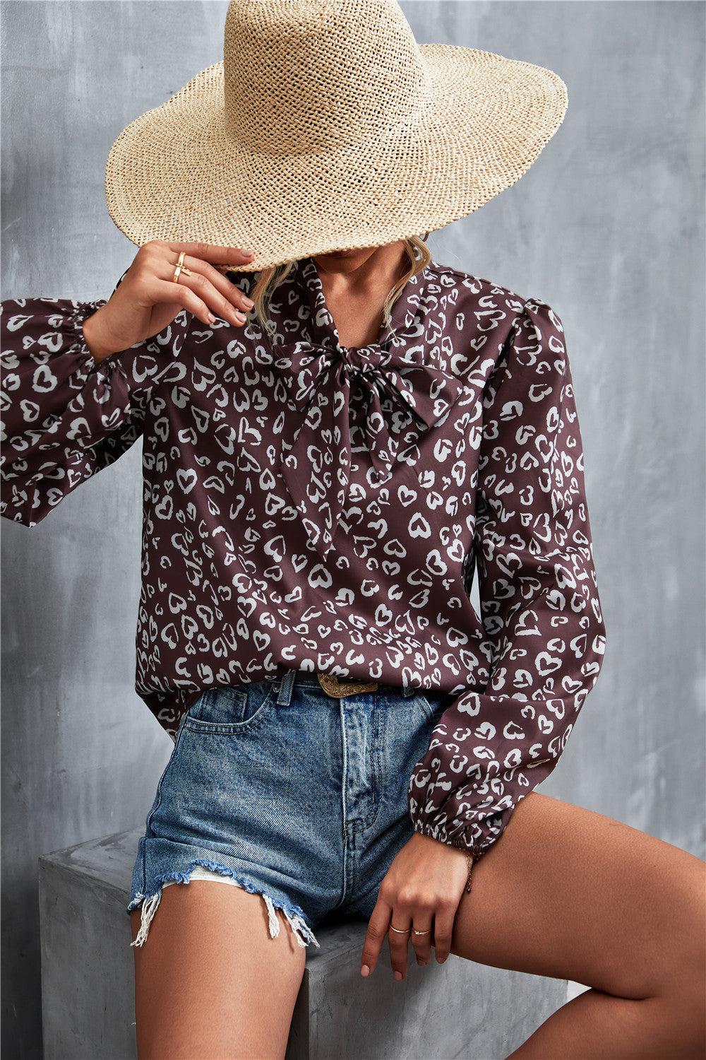Printed Tie Neck Puff Sleeve Blouse BLUE ZONE PLANET