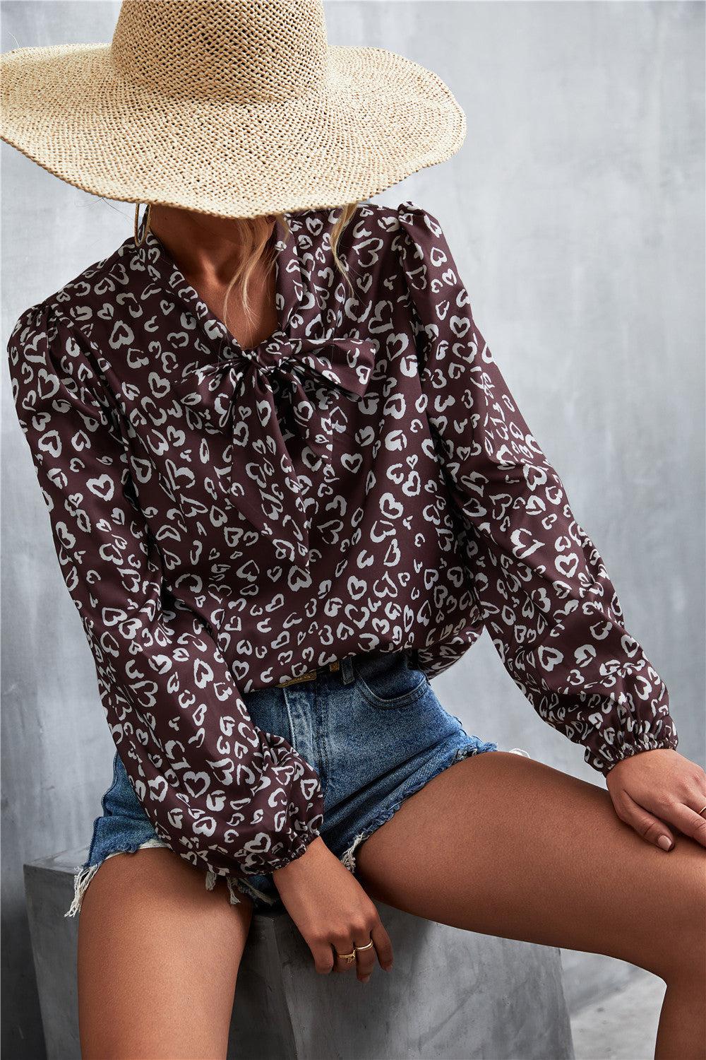 Printed Tie Neck Puff Sleeve Blouse BLUE ZONE PLANET