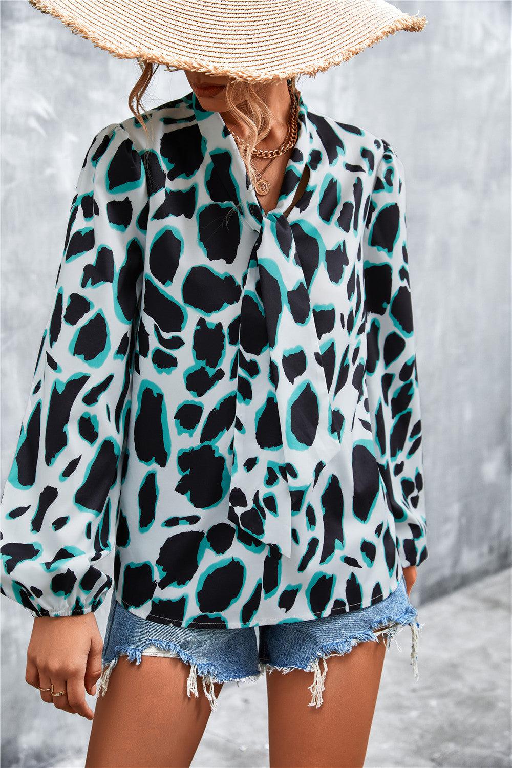 Printed Tie Neck Puff Sleeve Blouse BLUE ZONE PLANET
